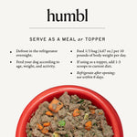 Serving guide showing how to feed humbl dog food as a complete meal or as a topper