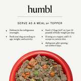 Serving guide showing how to feed humbl dog food as a complete meal or as a topper