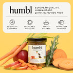 Humbl gently cooked dog food value highlights showing EU-quality standards, recyclable glass jar, gentle steaming, and no freezer required