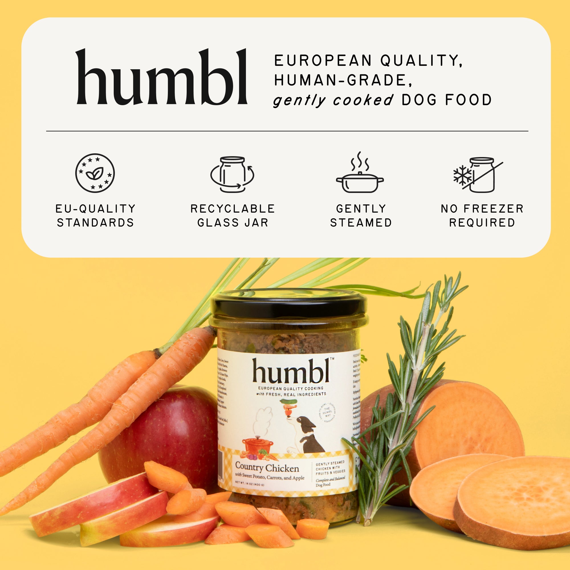 Humbl gently cooked dog food value highlights showing EU-quality standards, recyclable glass jar, gentle steaming, and no freezer required