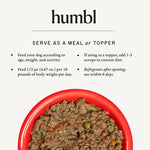 Serving guide showing how to feed humbl Country Chicken dog food as a complete meal or as a topper