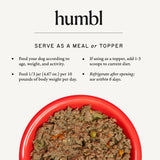 Serving guide showing how to feed humbl Country Chicken dog food as a complete meal or as a topper