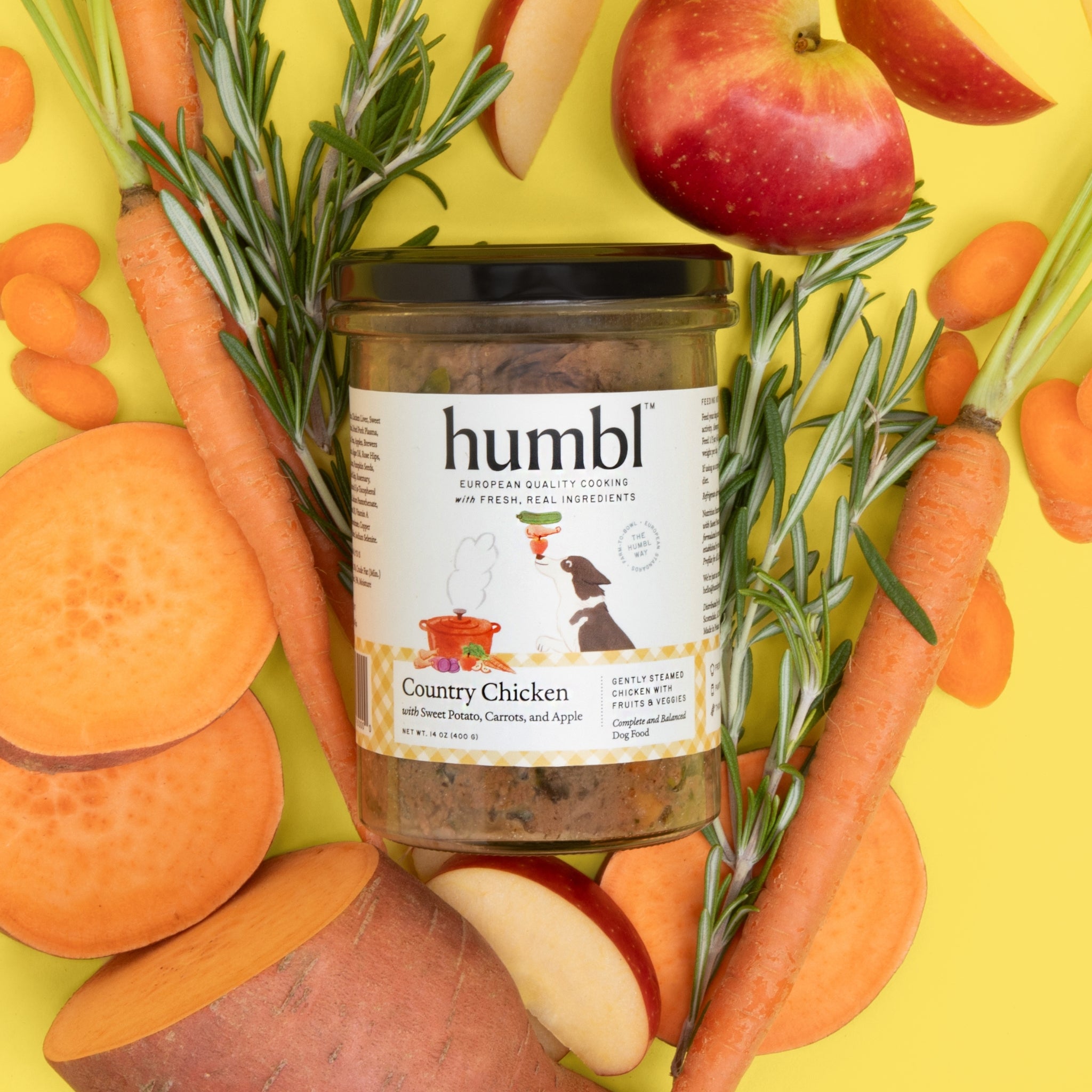 Humbl Country Chicken dog food jar displayed with fresh ingredients, highlighting European quality and human-grade standards